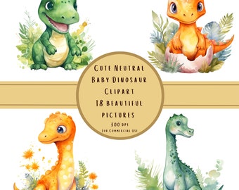 Neutral Baby Dinosaur Clipart Set, Watercolor PNG Graphics, Reptile Nursery Décor, Commercial Use PNG