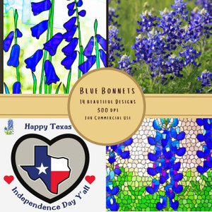 May include: A digital illustration of bluebonnets, the Texas state flower, in a variety of styles. The text "Happy Texas" and "Independence Day Y'all" are included in the image. The text "Blue Bonnets 14 Beautiful Designs 300 DPI For Commercial Use" is also included in the image.