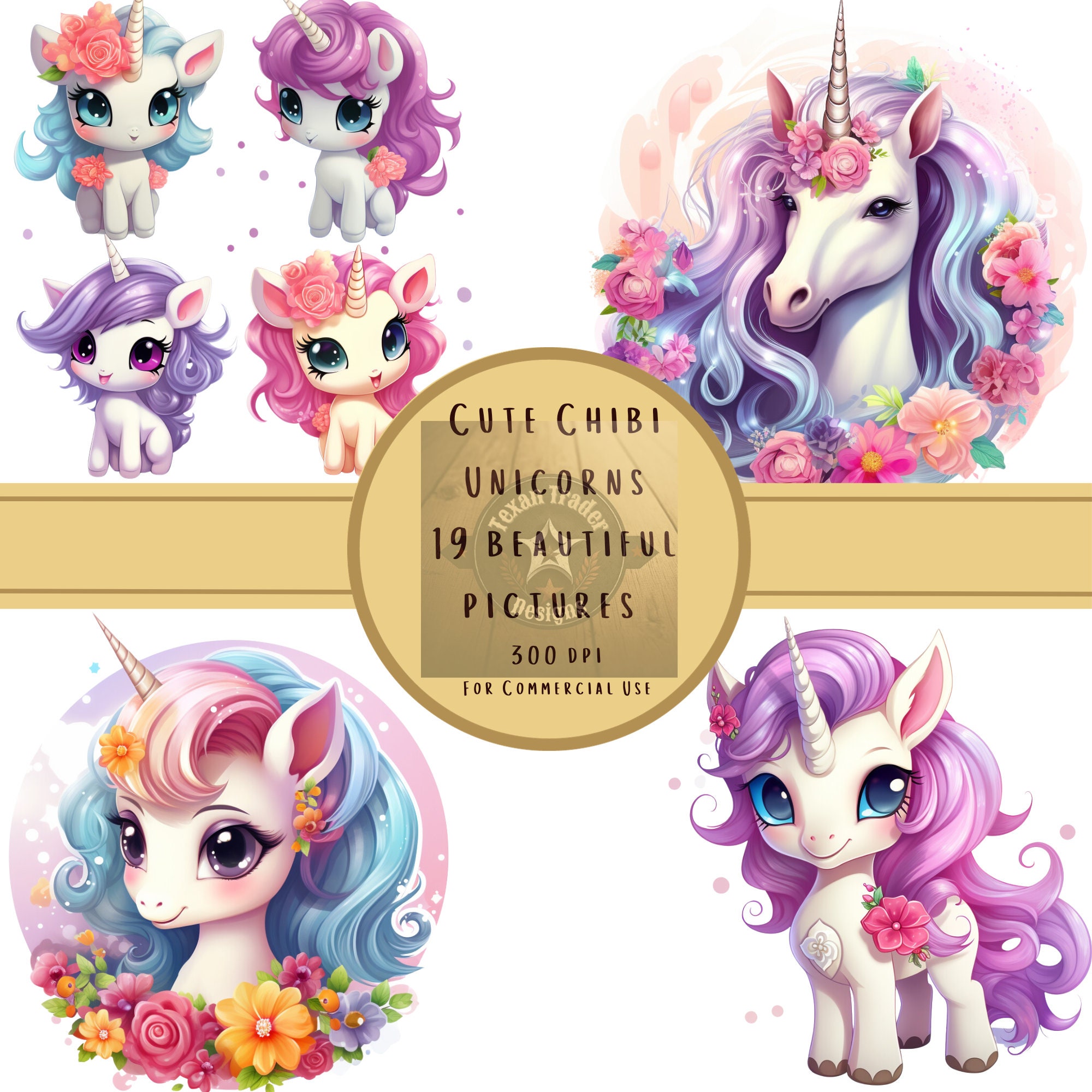 UNICORNIO Diseño caprichoso y floral Mágico CHIBI Cumpleaños Temática Png CLIPART, Lindo paquete Digital Png de 300 Dpi