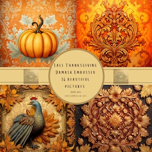 Autunno vintage, Turchia, Ringraziamento, Cornucopia Damasco floreale pastello in rilievo e modelli Stencil, File di download digitale, Uso commerciale