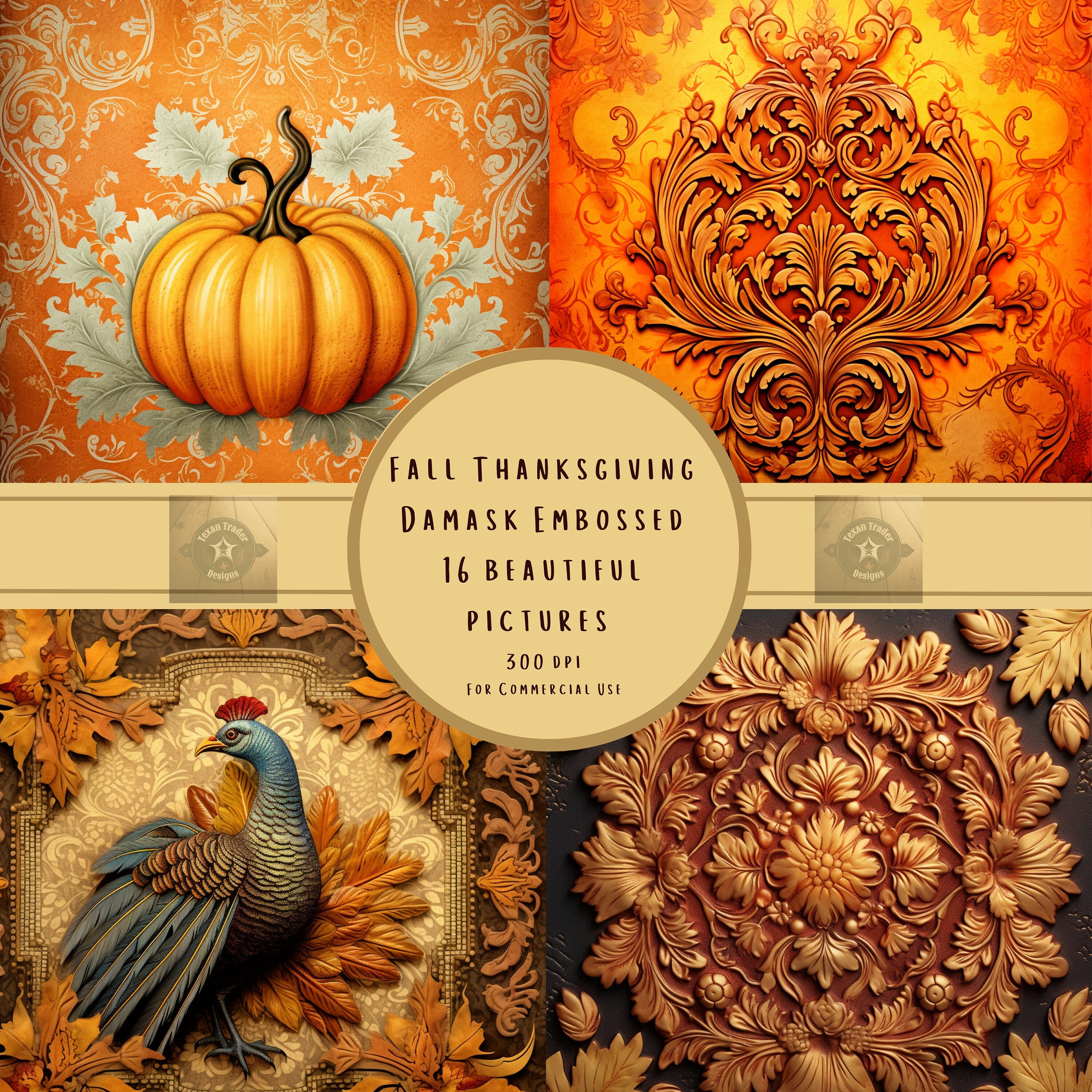 Vintage Fall, Turkey, Thanksgiving, Cornucopia Damask Floral Pastel Embossed and Stencil patterns, Digital Download Files, Commercial Use