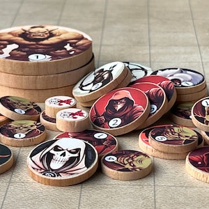37pc Hardwood DND Enemy Token Set - Expanded Variety, Bright Colors & Durable, Different Sizes w/Canisters for Storage - DND/RPG
