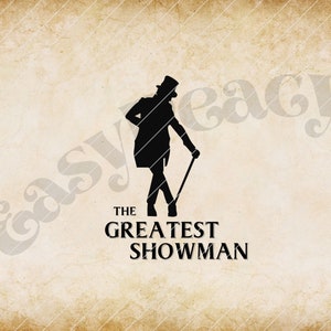 Op de afbeelding: Zwarte silhouet van een man in een hoge hoed en smoking, die een stok vasthoudt. De tekst "THE GREATEST SHOWMAN" staat onder de silhouet.