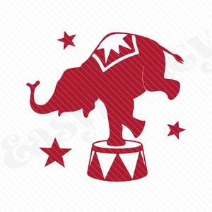 Peut inclure: Un éléphant de cirque rouge en équilibre sur un petit socle, avec trois étoiles rouges éparpillées autour. L'éléphant porte une selle décorative. L'image a un style graphique simple, idéal pour divers projets.