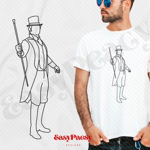 May include: A black and white line drawing of a man in formal attire, including a top hat, long coat, and shorts, holding a cane. The image is a graphic design, suitable for apparel or print.