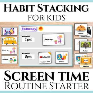 Könnte beinhalten: Ein druckbares Diagramm für Kinder, um ihnen zu helfen, eine Bildschirmzeitroutine zu erstellen. Das Diagramm enthält Aktivitäten wie Aufräumen, Draußen sein, YouTube Kids, Snacks, Abendessen, Videospiele, Natur und Spanisch. Das Diagramm enthält auch eine Startzeit für jede Aktivität.