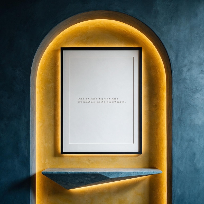 Entrepreneurial mindset typography print, golden limewash arch wall decor above a stone shelf, a motivating gift for a hard working founder.