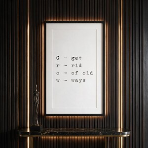 Growth mindset typography print, study wall decor above dark stone console, a motivating gift for new beginnings.