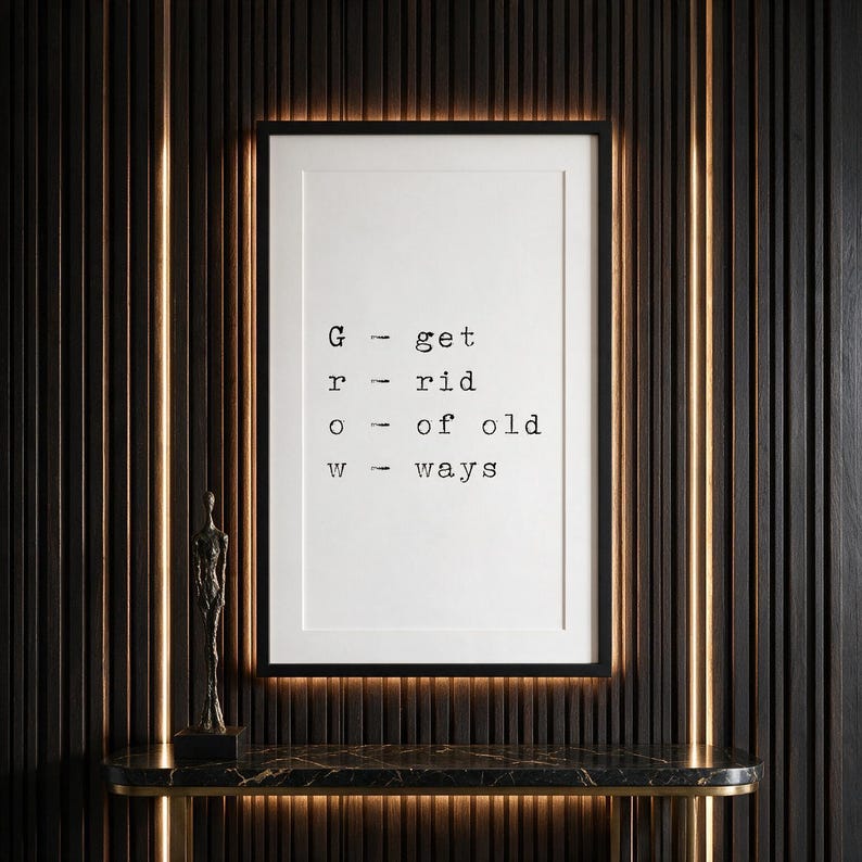 Growth mindset typography print, study wall decor above dark stone console, a motivating gift for new beginnings.
