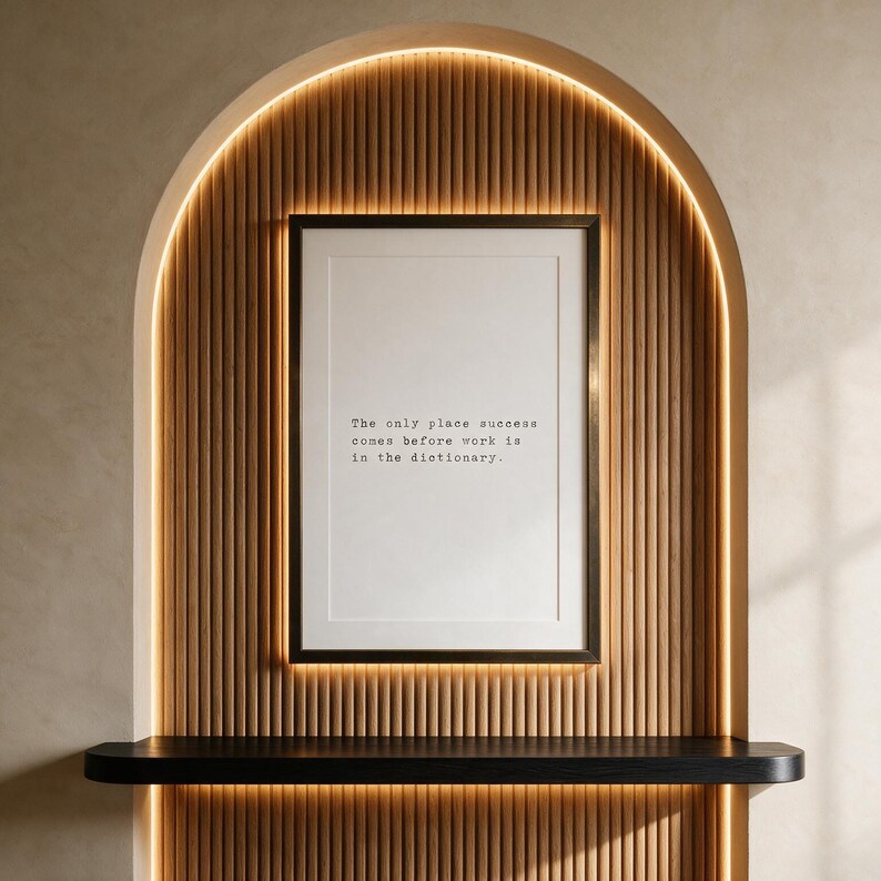 Black and white discipline typography print, reception room wall decor above an ebonised oak console, a witty gift for hard workers and hustlers.