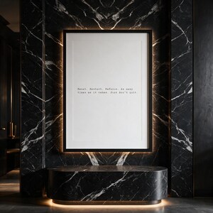 Black and white discipline typography print, gallery wall decor above a dark marble plinth, a motivating gift for anyone rebuilding momentum.