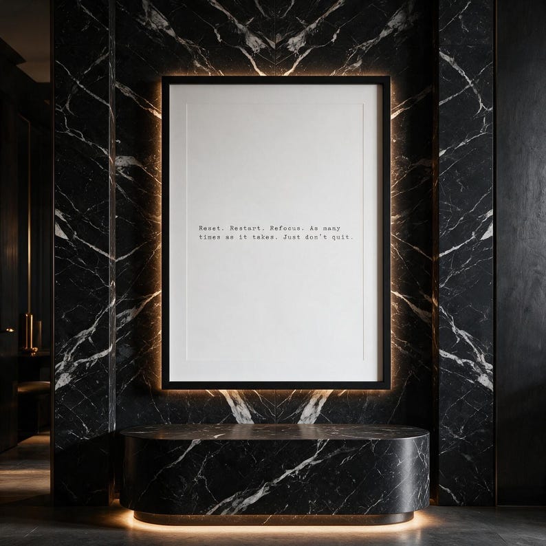 Black and white discipline typography print, gallery wall decor above a dark marble plinth, a motivating gift for anyone rebuilding momentum.
