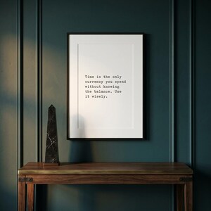 May include: A framed white wall art print featuring black typewriter-style text that reads: Time is the only currency you spend without knowing the balance. Use it wisely. The print is displayed in a thin black frame with a white mat border.