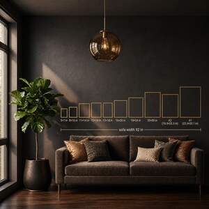 May include: A size guide graphic featuring ten gold-outlined rectangles of varying dimensions, labeled from 5x7 in to A1 (23.3x33.1 in), positioned above a dark brown sofa with a 92 in width, set against a dark wall with a hanging glass pendant light.