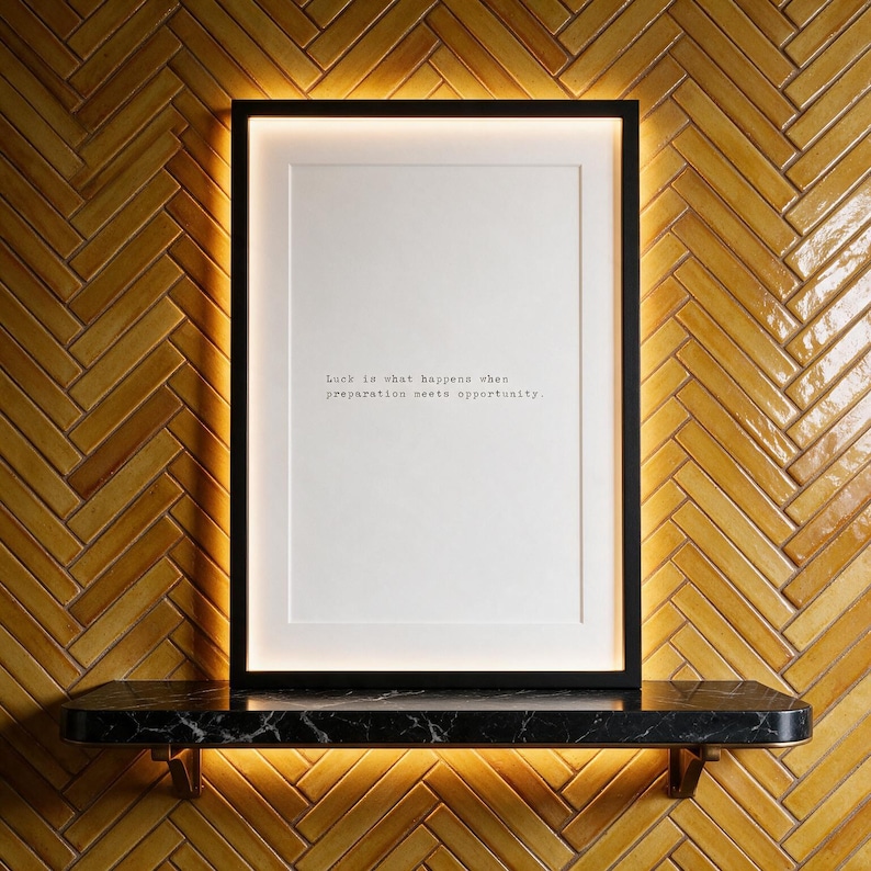 Entrepreneurial mindset typography print, glazed herringbone wall decor above a dark marble shelf, a driven gift for an ambitious business owner.