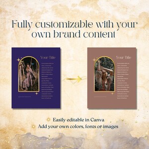 May include: Two customizable social media templates with a purple and brown background. Each template features a gold archway with a woman in a forest setting. The text "Your Title" is at the top of each template.
