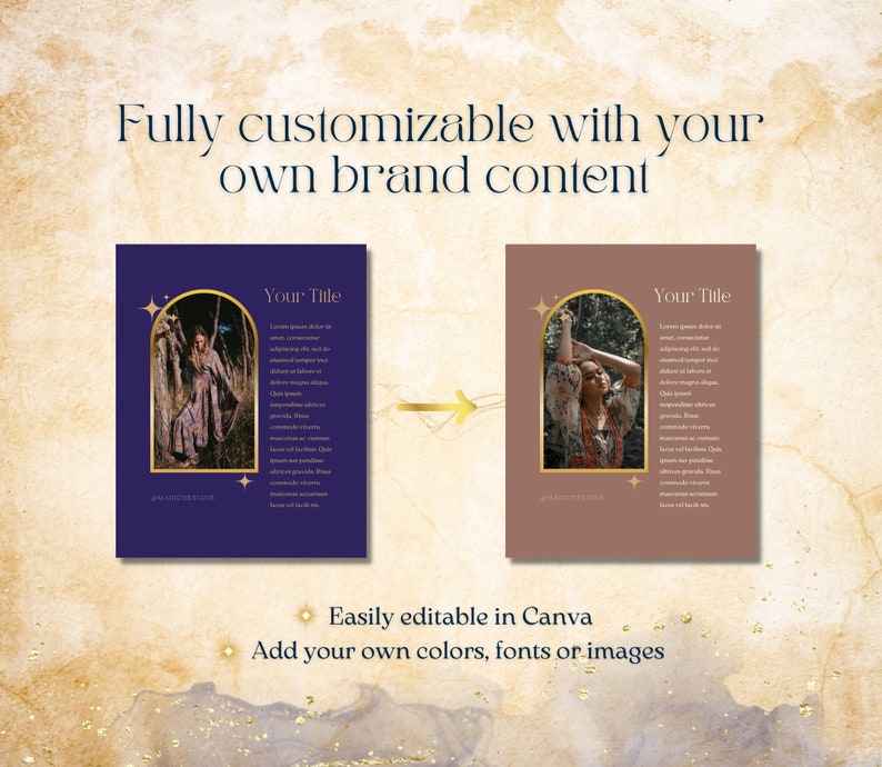 May include: Two customizable social media templates with a purple and brown background. Each template features a gold archway with a woman in a forest setting. The text "Your Title" is at the top of each template.