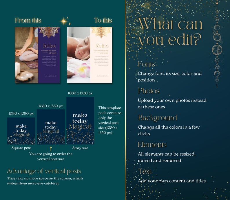 May include: A graphic showing two different social media post sizes, a square post and a vertical post. The vertical post is labeled "make today magical" and is 1080 x 1350 pixels. The square post is labeled "make today magical" and is 1080 x 1080 pixels. The graphic also shows a larger vertical post that is 1080 x 1920 pixels. The text "What can you edit?" is at the top of the graphic. The graphic lists the different elements that can be edited, including fonts, photos, background, elements, and text.