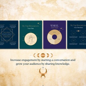 May include: Four digital marketing templates with gold accents and a celestial theme. The templates feature text such as "My Top Resources", "Wheel", and "Holistic Health".