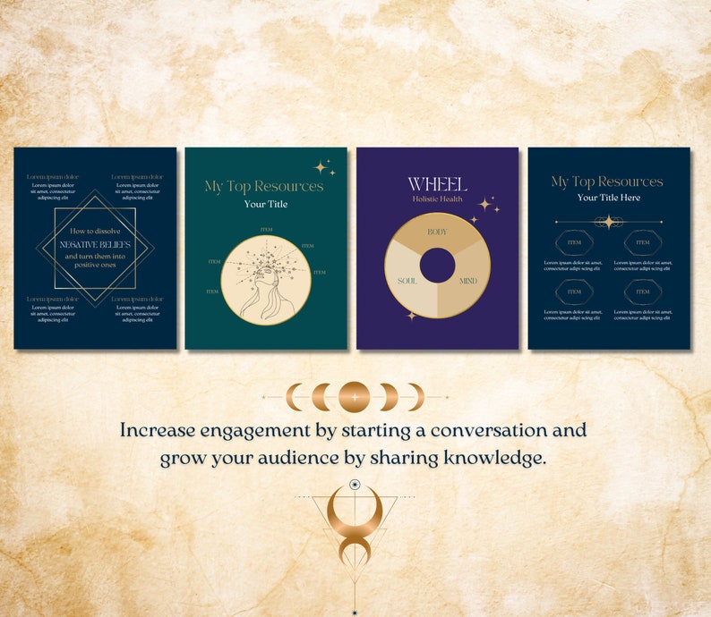 May include: Four digital marketing templates with gold accents and a celestial theme. The templates feature text such as "My Top Resources", "Wheel", and "Holistic Health".