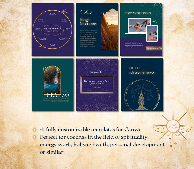 May include: A set of 41 customizable Canva templates for coaches in the fields of spirituality, energy work, holistic health, personal development, or similar. The templates feature a variety of designs with gold accents and a blue and green color scheme. The text on the templates includes phrases like "Magic Moments", "Journey to Awareness", and "Key Ingredients for Mindfulness".