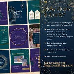 May include: A blue and gold graphic design template for Instagram posts with the text "How does it work?" and instructions on how to use the templates. The instructions include downloading a PDF file, clicking on a link, editing and customizing the templates in Canva, and posting the finished design on Instagram. The text "Start creating your Magic Designs right now!" is at the bottom of the image.