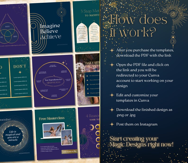 May include: A blue and gold graphic design template for Instagram posts with the text "How does it work?" and instructions on how to use the templates. The instructions include downloading a PDF file, clicking on a link, editing and customizing the templates in Canva, and posting the finished design on Instagram. The text "Start creating your Magic Designs right now!" is at the bottom of the image.