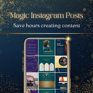 May include: A phone screen displaying a grid of nine Instagram posts with a blue and green color scheme. The posts feature text and images related to magic, healing, and manifestation. The text on the screen includes "Magic Moments", "3 Step Method to Manifest", "Step by Step", and "HEALING".