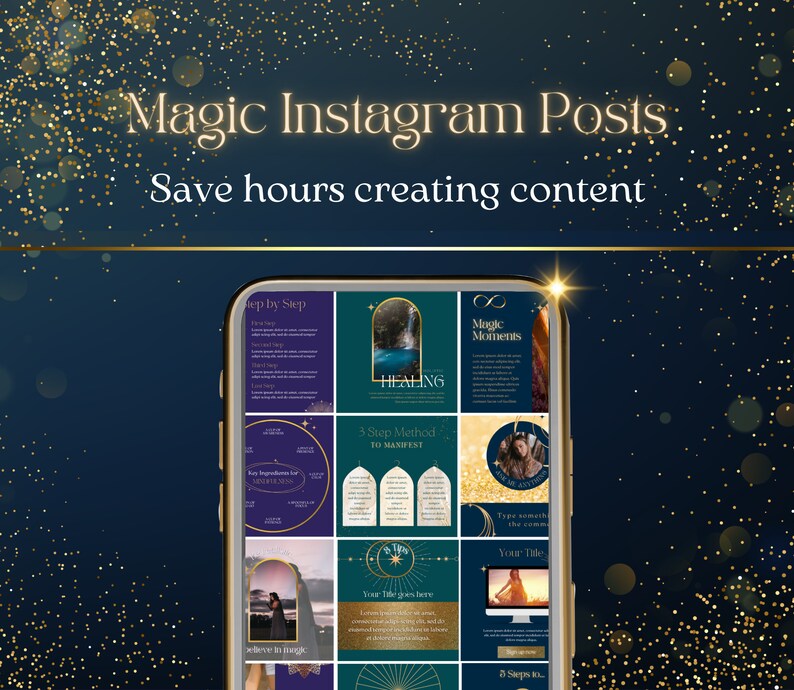 May include: A phone screen displaying a grid of nine Instagram posts with a blue and green color scheme. The posts feature text and images related to magic, healing, and manifestation. The text on the screen includes "Magic Moments", "3 Step Method to Manifest", "Step by Step", and "HEALING".