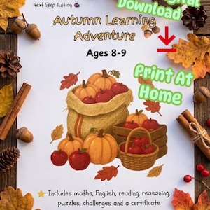 Utskrivbart läropaket för höst/höst för åldrarna 8-9 | Matematik, engelska, pussel (digital nedladdning)