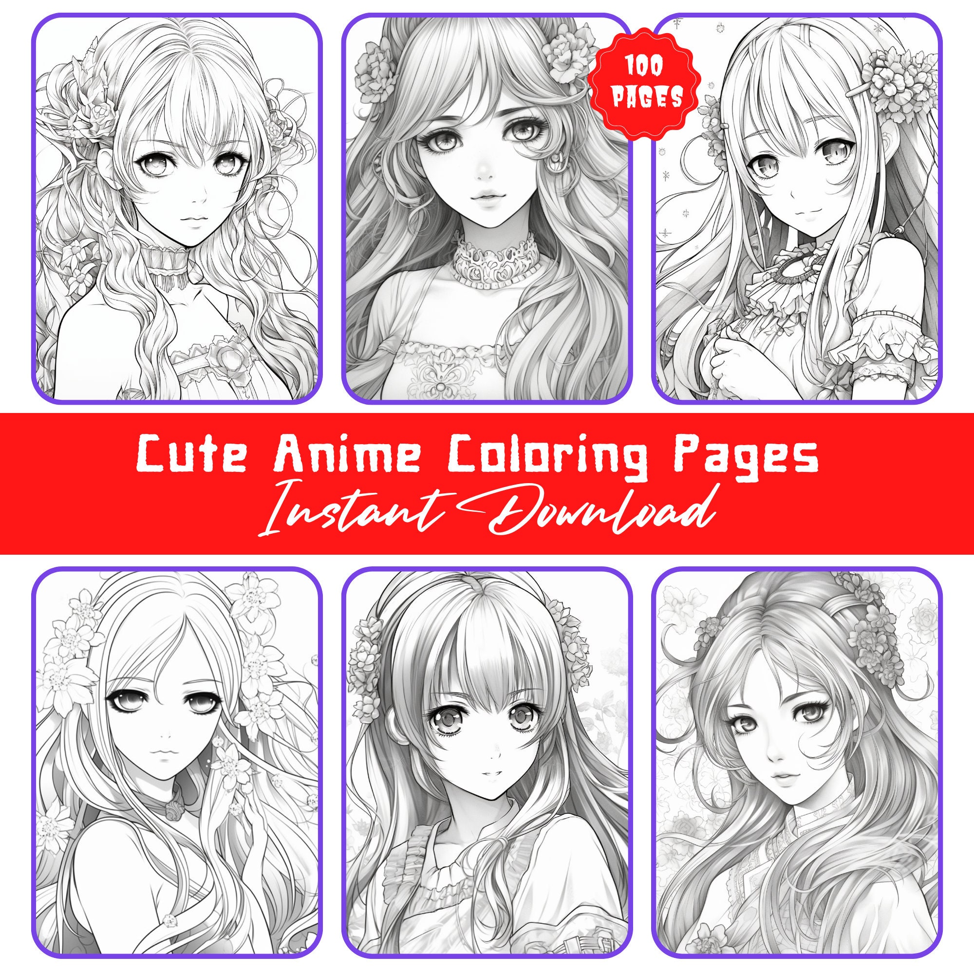 100 Anime Coloring Pages for Adults, Teens and Kids, Cute Printable