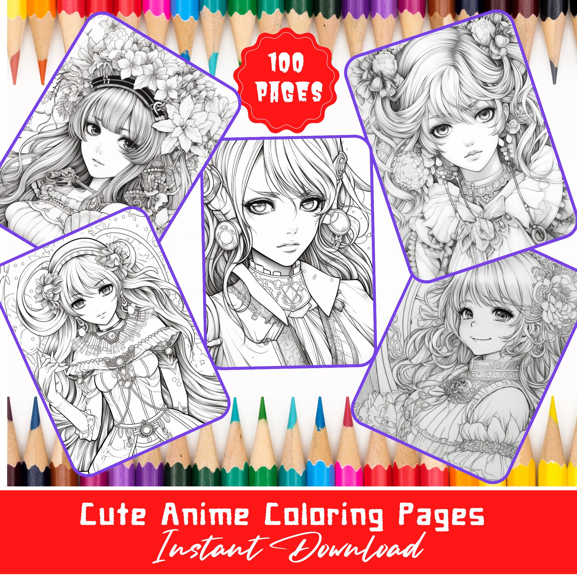 100 Anime Coloring Pages for Adults, Teens and Kids, Cute Printable