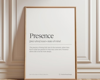 Presence Definition Poster | Minimal Typography Print | Neutral Wall Art | Motivational Quote Poster | State of Mind Collection