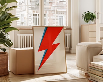 Bowie Lightning Bolt Poster | Red Blue Retro Music Wall Art (Print)