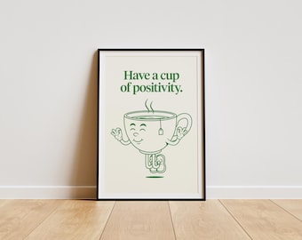 Have A Cup Of Positivity, Retro Cartoon Character Digital Download, Motivational Kitchen Wall Art, Vintage 70s Art
