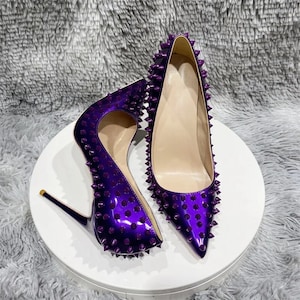 SPIKE STILETTO PUMPS purple 6/8/10/12cm high heel court shoes studded rivets made to order coloured sole red sole