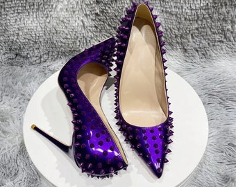 SPIKE STILETTO PUMPS purple 8-12 cm high heel court shoes studded rivets made to order coloured sole red sole