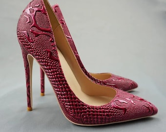 STILETTO PUMPS 8-12 cm high heel faux reptile skin court shoes made to order - coloured sole, red sole