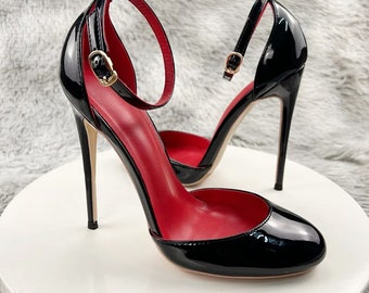 Ultra high patent STILETTO SANDALS 10cm or 12cm high heel round toe - coloured sole & inner options