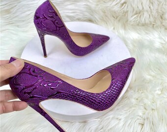 STILETTO PUMPS 8-12 cm high heel purple faux reptile skin court shoes made to order - coloured sole, red sole