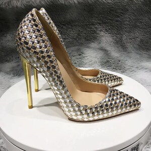 STILETTO PUMPS 8-12 cm high heel gold/silver weave court shoes made to order - coloured sole, red sole