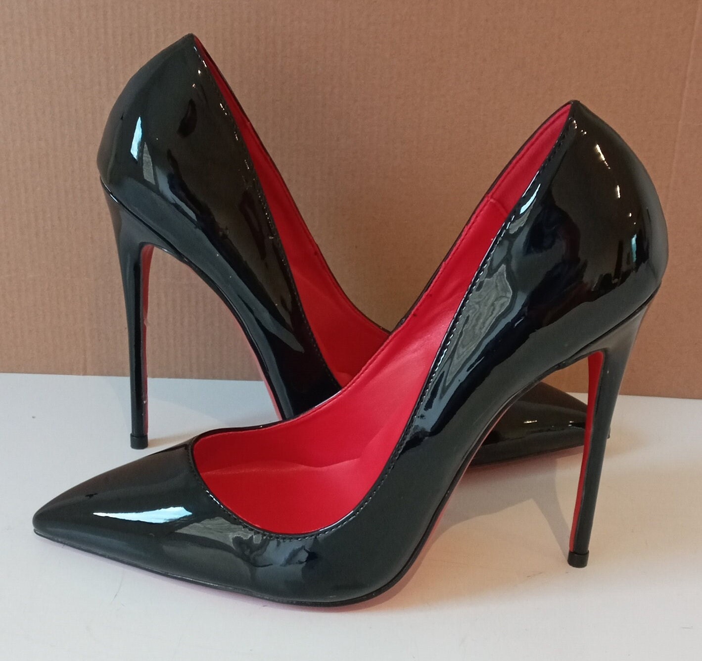 Designer Handmade Pumps Red Sole Black Suede and Red Patent 