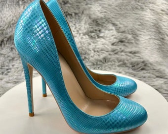 STILETTO PUMPS 10 or 12 cm high heel round toe holograph court shoes made to order - coloured sole, red sole