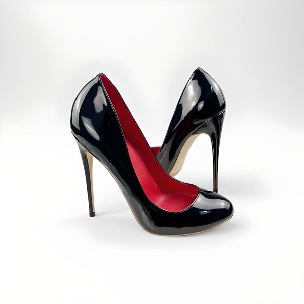 STILETTO PUMPS 10 or 12cm high heel round toe patent court shoes made to order - coloured sole, red sole