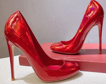 STILETTO PUMPS 10 or 12 cm high heel round toe pearlescent court shoes made to order - coloured sole, red sole