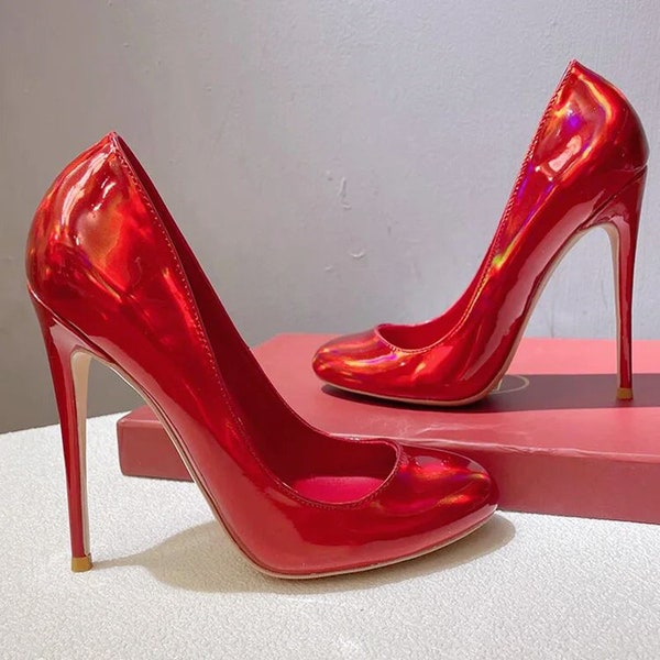 STILETTO PUMPS 10 or 12 cm high heel round toe pearlescent court shoes made to order - coloured sole, red sole