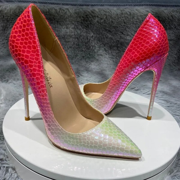 STILETTO PUMPS 8-12 cm high heel court shoes pink gradient snakeskin effect - made to order - coloured sole, red sole