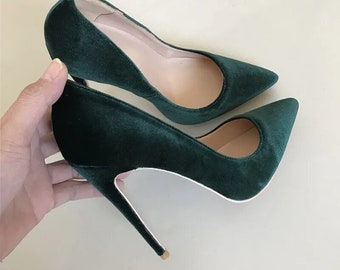 STILETTO PUMPS 8-12 cm high heel green velvet court shoes made to order - coloured sole, red sole