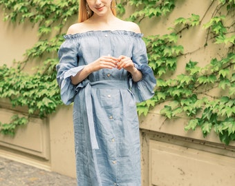 Midnight Blue Elegance: Full Length Linen Dress with Front Button and Off-Shoulder Full Sleeves Maternity Subtle Look