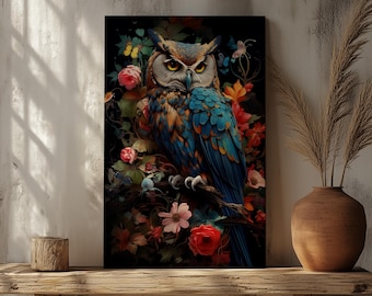 Arte de pared de búho, impresión en lienzo de búho majestuoso, decoración de vida silvestre para el hogar, regalo de arte natural para él